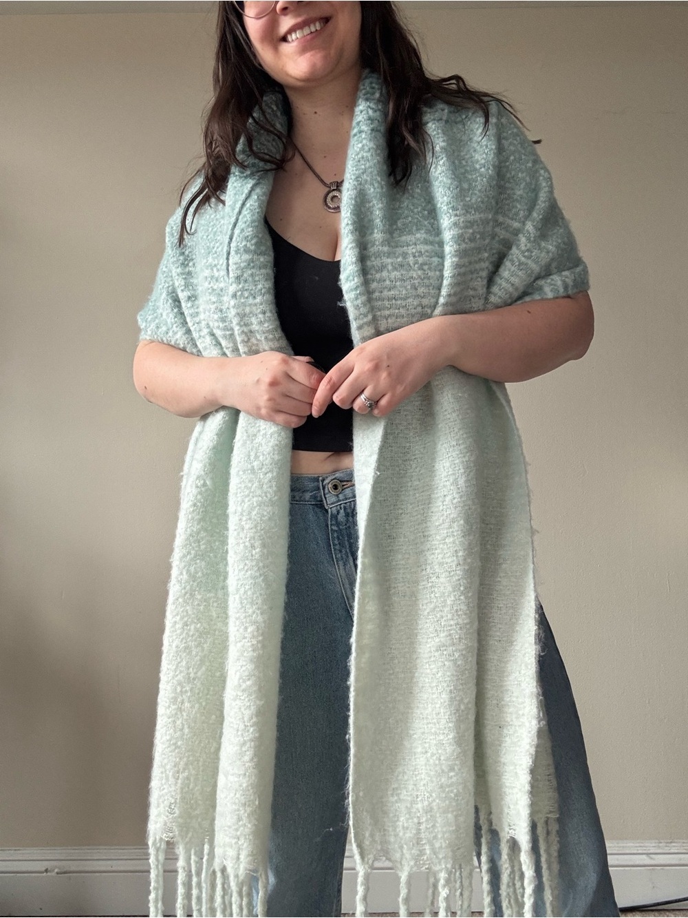 Mer Sea Cozy Fringe Knit Shawl Cardigan Scarf- Light Blue/Teal